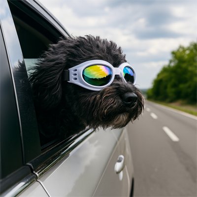 chien en voiture avec Lunette de soleil chien​ blanche