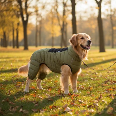 Chien Golden avec Manteau Chien impermeable vert kaki balade forêt