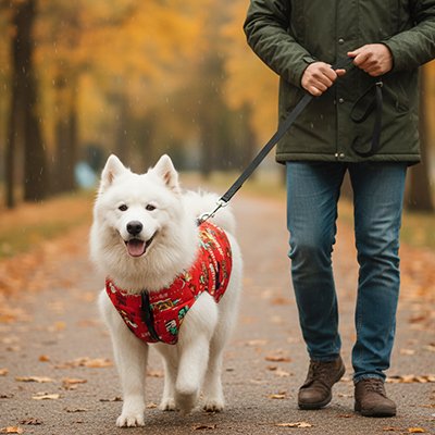 chien poils blanc avec Imperméable pour chien​ rouge motifs fun en  balade