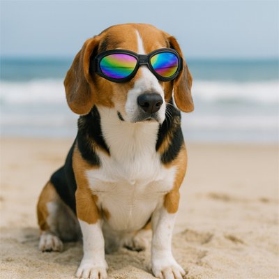 chien portant Lunette de soleil chien​ noire à la plage
