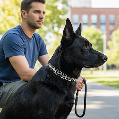 Collier Chaine pour Chien avec chien et maître en ville