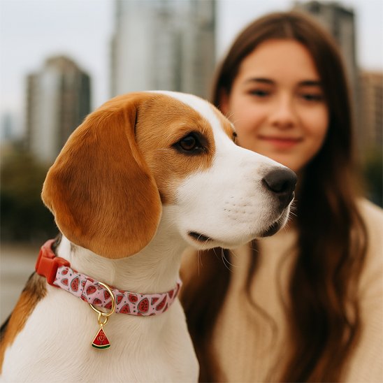 Collier chien motif pastèques rouge sur fond rose
