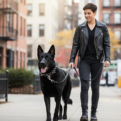 Collier Pour Gros Chien noir à pics et malinois et maîtresse en ville
