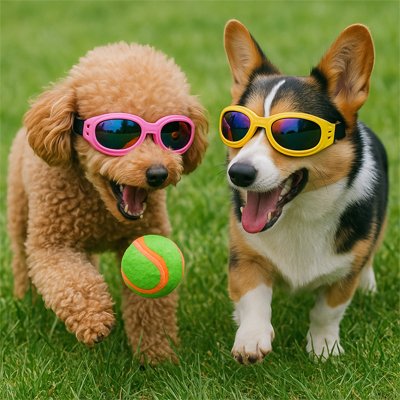 deux chiens jouent avec Lunette de soleil chien​ rose jaune 