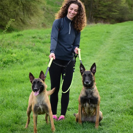 Double laisse pour chiens utilisé par femme en balade avec deux malinois