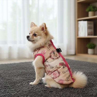 Doudoune Chiens rose claire motif fermeture zipée