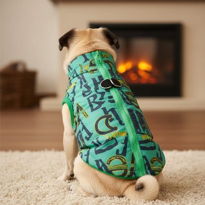 Doudoune Chiens verte fermeture zippée