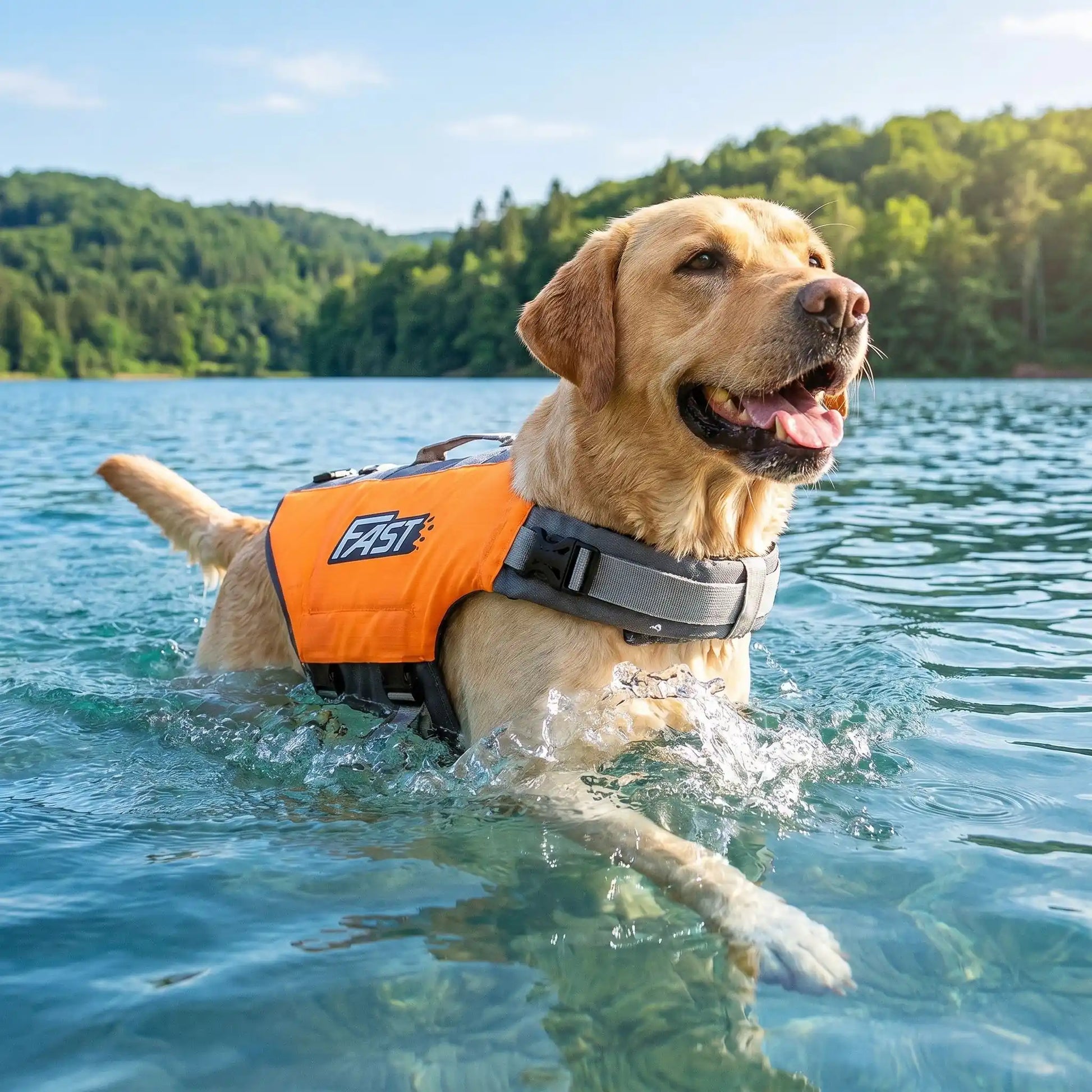 gilet de sauvetage petit chien fastpattes orange labrador lac