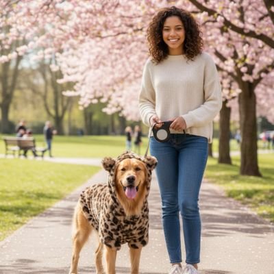 Golden avec son  pull Chien léopard en balade parc