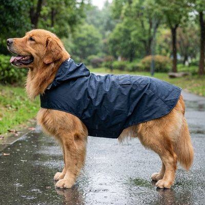 Golden retriever avec Impermeable chien​ bleu marine marchant en forêt