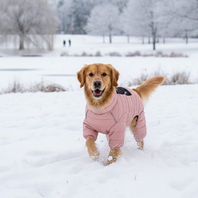 Golden retriever avec Manteau Chien impermeable rose dans neige