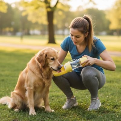 Gourde Chien jaune avec gamelle intégrée utilisée par labrador et maîtresse