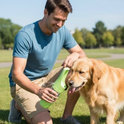 Gourde Chien verte avec gamelle intégrée utilisé par labrador blanc heureux et maître