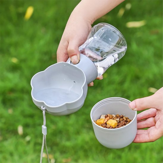 Gourde pour Chien design fleur grise et bol alimentaire