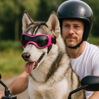 grand chien avec Lunette pour chien​ rose chien en moto 