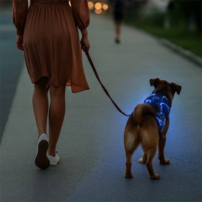 Harnais chien LumiHarnais bleu balade nocturne
