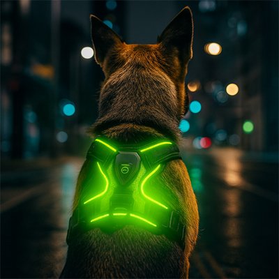 Harnais chien LumiHarnais vert promenade nocturne