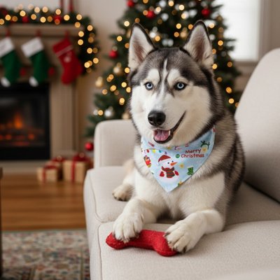 husky avec Bandana pour Chien bleu ciel motifs noël 