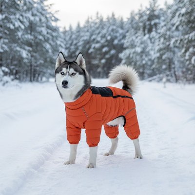 husky avec Doudoune Chien orange et noire chaude dans la neige 