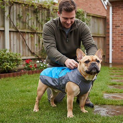 Imperméable chien​ bleu et gris robuste durable sur bulldog