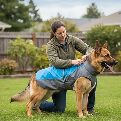 Imperméable chien​ gris bleu sur berger allemand en balade
