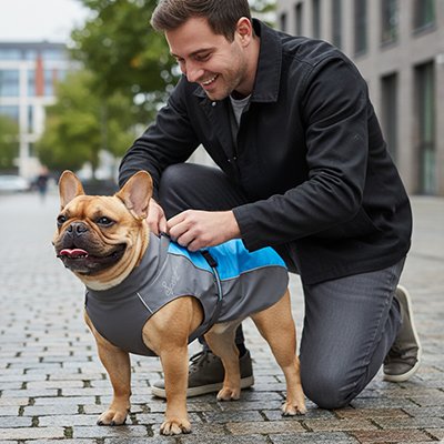 Imperméable chien​ gris bleu sur bulldog en balade