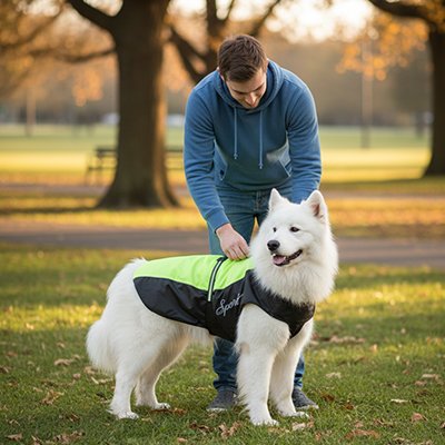 Imperméable chien​ noir et vert design sur berger blanc