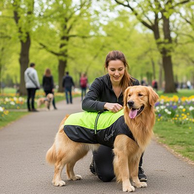 Imperméable chien​ vert noir sur golden retriever en balade