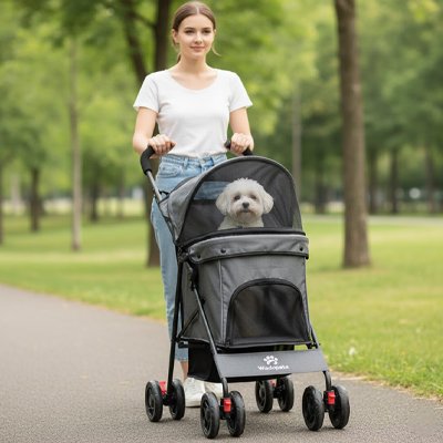 jeune femme avec chien dans Poussette chiens Mobiconfort grise
