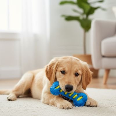 Jouet Chien indestructible RibBone bleu chiot labrador machouille