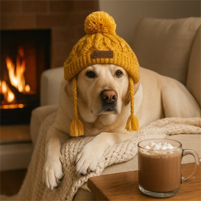 labrador avec Bonnet chien​ tricoté jaune moutarde 