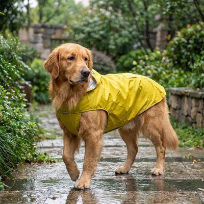 Labrador avec Impermeable chien​ jaune en balade