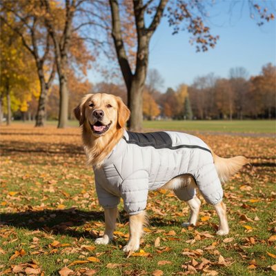 labrador blanc avec Manteau Chien impermeable gris clair balade