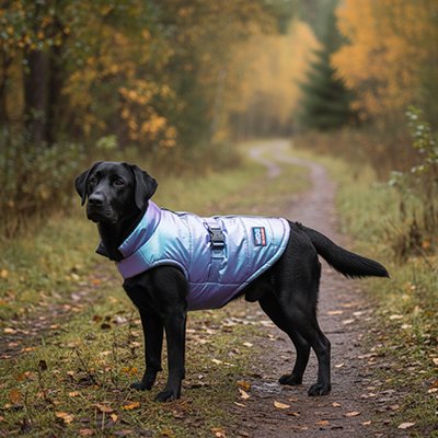 labrador noir avec Manteau Chien violet brillant design