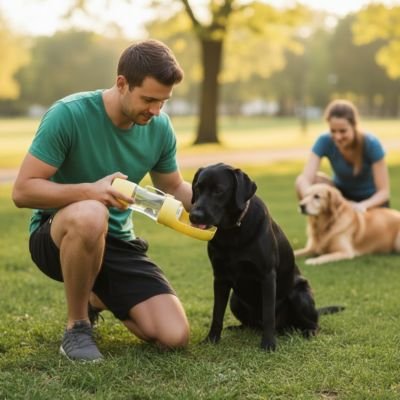 labrador utilisant Gourde Chien jaune avec gamelle intégrée