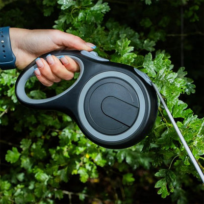 Laisse à enrouleur pour chien tenue en main paysage nature