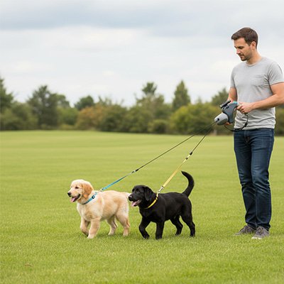Laisse double pour Chien et maître promenant deux labradors noir et blanc