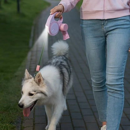 femme avec laisse enrouleur chien rose promenant sont chien