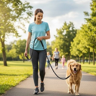 laisse pour chien noir femme et chien en balade