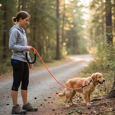 laisse pour chien corde orange femme et chien labrador en balade
