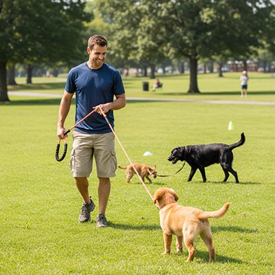 Laisse pour chien orange maitre et chien promenade parc