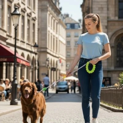 laisse pour chien verte poignée rembourrée avec chien et maîtresse en balade