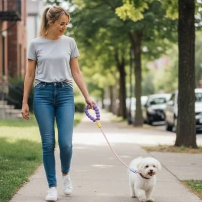 laisse pour chien poignet rembourrée avec femme et petit chien en balade