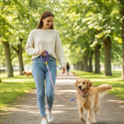 Laisse pour Chien violette femme et chien labrador en balade parc