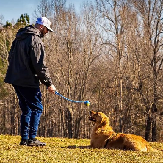 Lanceur de balle pour chien FetchJet bleu exercices
