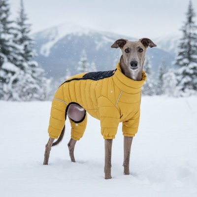 lévrier dans la neige avec Doudoune Chien jaune et noire épaisse chaude 