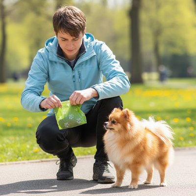 maître avec sac a crotte​ et chien en balade