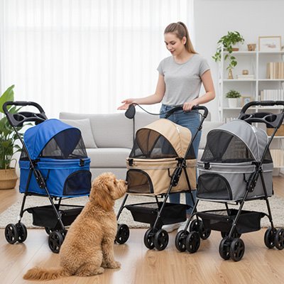 maîtresse avec trois model de Poussette Chien et bichon 