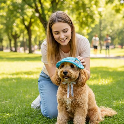 maitresse et bichon frisé portant Casquette pour chien​ DoggoCap bleu