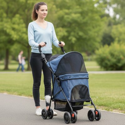 maîtresse promenant chien dans Poussette chiens Mobiconfort bleu foncé